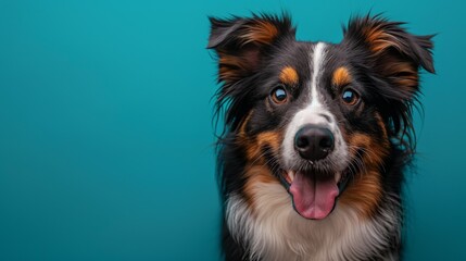 Fototapeta premium Cute joyful Border Collie. Australian shepherd. Isolated against a vibrant blue background. Pet. Dog. Canine.