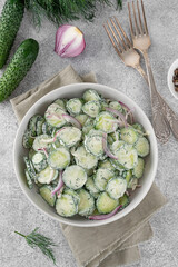 Cucumber salad with dill, red onion and greek yogurt dressing in a bowl on a light concrete background. Selective focus, top view.