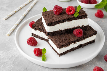 Chocolate cake with milk cream filling on a white plate with fresh raspberries and mint with bottles of milk. Delicious dessert. Copy space.
