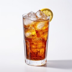 Refreshing Iced Tea with Lemon Slice and Ice Cubes in Clear Glass