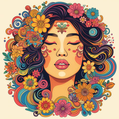 Colorful illustration of a woman's face embracing psychedelic 'flower power' revival, featuring vibrant colors and retro artistic vibes.