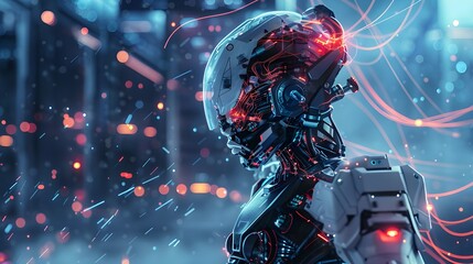 AI machine learning artificial intelligence futuristic android robots illustration human digital neural networks interconnected algorithms data flow streams technology learn process transmission