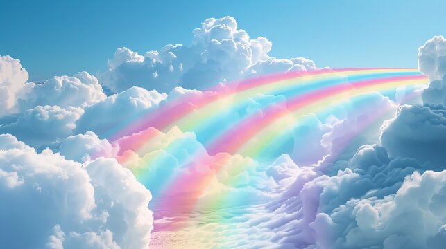 A bright rainbow curves through the sky like a road, with fluffy white clouds floating nearby.