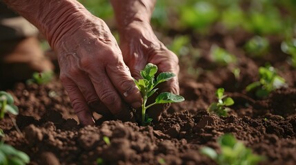 close-up farmer hands regenerative agriculture planting green seedling plant soil, growth sustainable healthy organic matter environmental nature natural farm field sustainability life environment