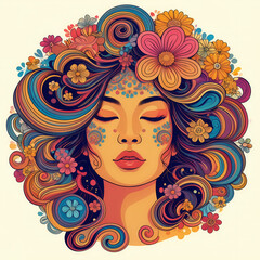 Colorful illustration of a woman's face embracing psychedelic 'flower power' revival, featuring vibrant colors and retro artistic vibes.