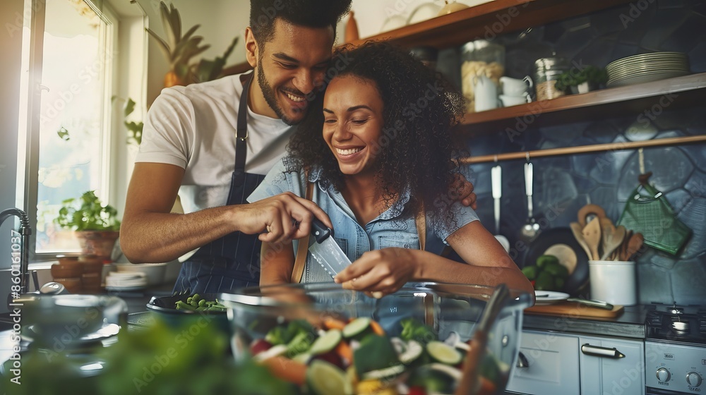 Wall mural A couple smiles as they cook together in their kitchen. They often spend their evenings learning new recipes and creating delicious meals for their family and friends.