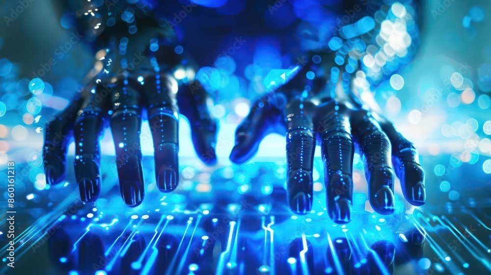 Poster hightech gloves typing on a virtual keyboard in a digital school environment with copy space