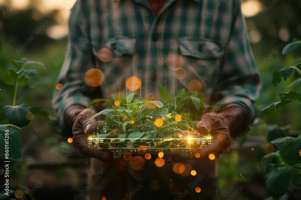 Poster Holographic crop data projected from a hightech device held by a farmer with space for text