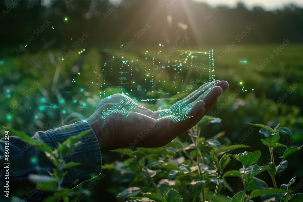 Poster Holographic crop data projected from a hightech device held by a farmer with space for text