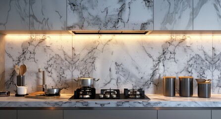 Modern Kitchen With Stainless Steel Pot on Gas Stove and Marble Backsplash