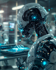 Fototapeta premium cybernetic humanoid robot in a laboratory, advanced artificial intelligence with intricate mechanical design, futuristic technology