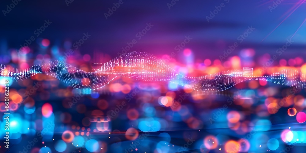 Poster Digital cityscape with holographic data lines in night sky symbolizing global network. Concept Cityscape, Holographic Data, Night Sky, Global Network, Digital Art - Posters