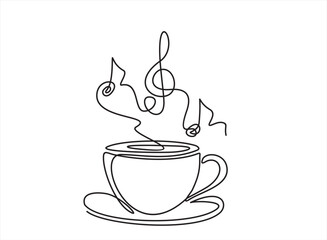 Continuous one line drawing of Cup of coffee with musical notes. Music cafe concept.