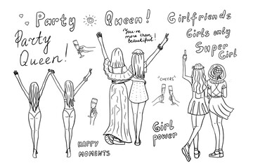 Seamless pattern with happy girls. Girls from the back. Girlfriends. Party queen. Super girl. Girl power. Girls only. Celebration. Adventure. Hand drawn. Doodle style. Bachelorette party. Hen-party