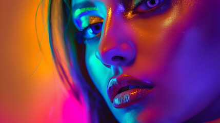 Beauty high fashion model girl in colorful bright neon lights posing in studio Portrait of beautiful woman in UV Art design colorful make up On colourful vivid glowing background art d : Generative AI