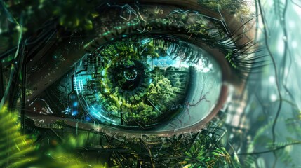 Naklejka premium The intricate design of a cybernetic eye reflecting Independence Day fireworks with space for text