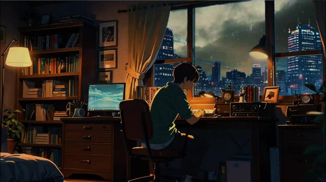 A cozy lofi student study room with a wooden desk and chair near a large window showing a serene night view.
