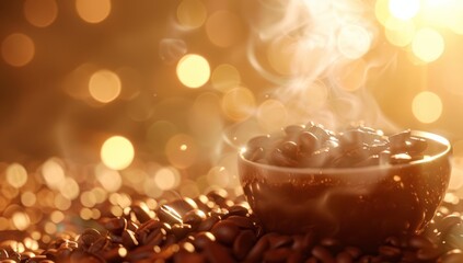 A close-up shot of a bowl filled with steaming coffee beans, sitting on a bed of roasted coffee beans. The background is a warm, golden bokeh