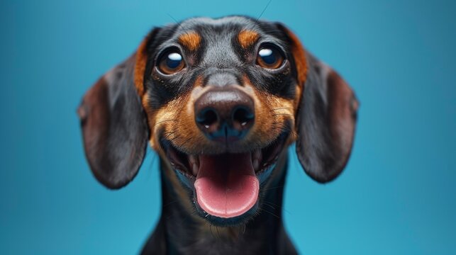 Cute Hound Dog, Dachshund. Isolated against a vibrant blue background. Pet. Dog. Canine.