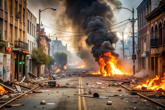 fire and smoke on street. Violent riot protest in public