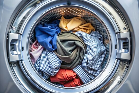 laundry clothe in washing machine drum top view