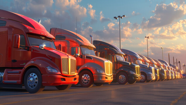 A row of semi trucks are parked in a lot at sunset. The trucks are all different colors and some have trailers
