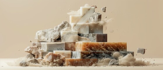 3D clay render of a waterfall chart detailing financial results and variances, isolated on a beige background