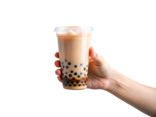 A close-up photo of a hand holding a iced bubble tea