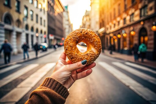 woman hand hold bagel bread roll on street