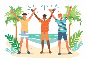 Obraz premium Happy international friendship day character design, Three Young Men Celebrating on Vacation at Sea Vector Illustration in Tropical Landscape