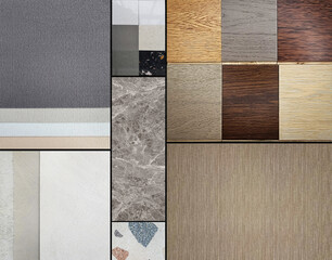combination of interior material samples for mood board consists beech wooden veneers, marble,...