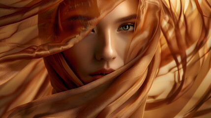 Beautiful Girl Face with Natural Makeup and Sun Tanned Skin Beauty Woman wrapped in Brown Silk Fabric waving on Wind Fashion Model Portrait wearing Head Satin Scarf : Generative AI
