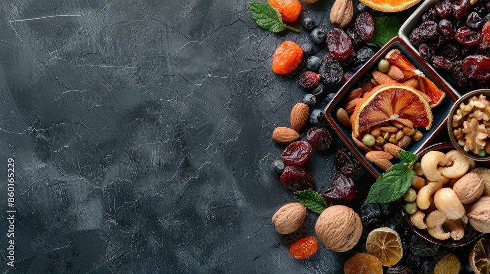 Aufkleber arrangement of assorted dried fruits and nuts in a container on a table with room for writing
