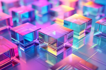 Abstract 3D Background with Glass Squares and Colorful Light Emitter. Generative AI