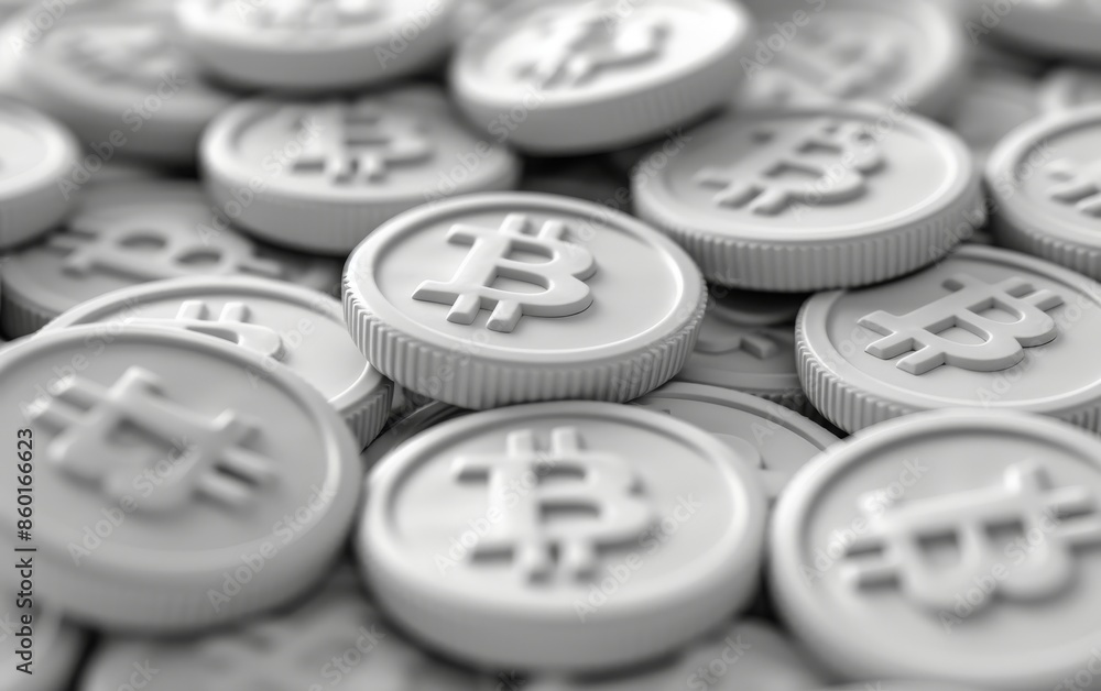 Poster 3d clay render of bitcoin tokens, cryptocurrency concept, isolated on a solid background