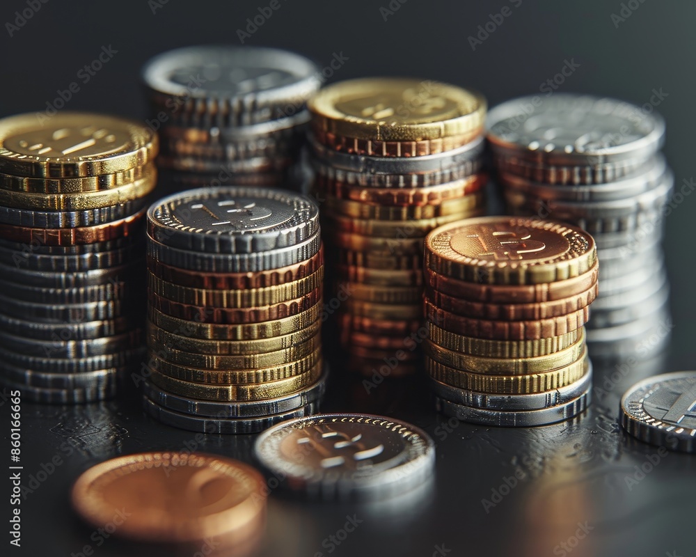 Poster 3d clay render of stacks of coins from various currencies, isolated on a solid background