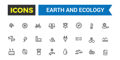 Earth and Ecology icon set. Outline icons pack. Editable vector icon and illustration.