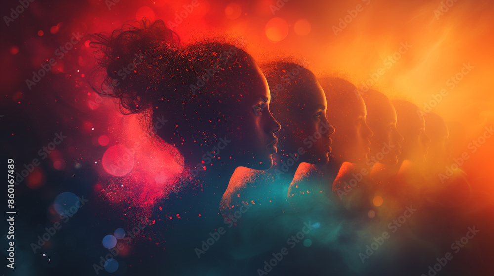 Poster a series of faces are shown in a blurry, colorful background. the faces are all different sizes and 