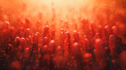 A red background with many red blobs scattered throughout. The blobs are all different sizes and shapes, but they all have a similar color. Scene is chaotic and disorganized