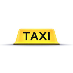 Yellow taxi sign on blue background. Simple employment, work. Tourist moving around the city
