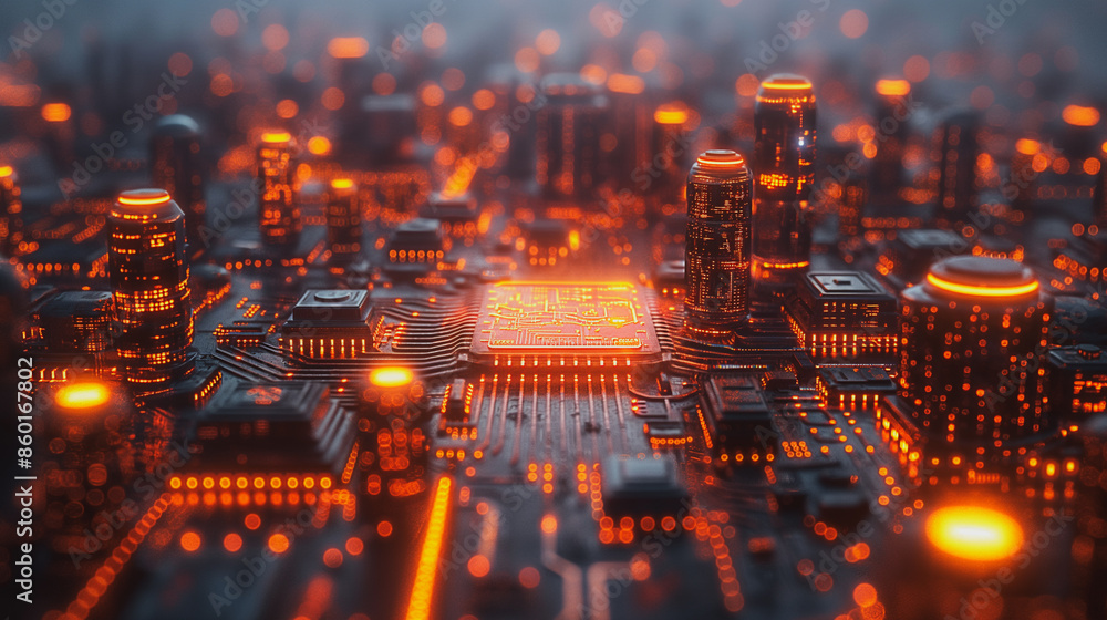 Poster glowing computer chip in the middle, lit up with neon lights and the chip is glowing in the center. 