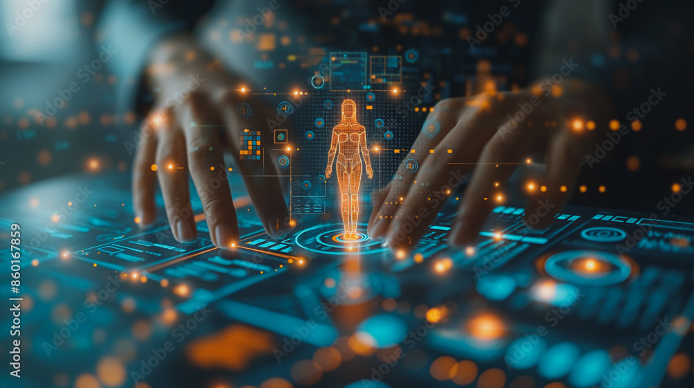 Aufkleber a person is typing on a computer screen with a glowing hand and a glowing body. concept of technolog