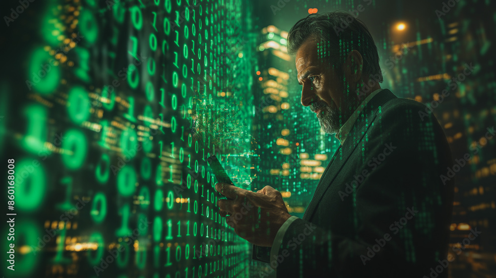 Poster a man is looking at a cell phone in front of a wall of binary code. concept of technology and the ma