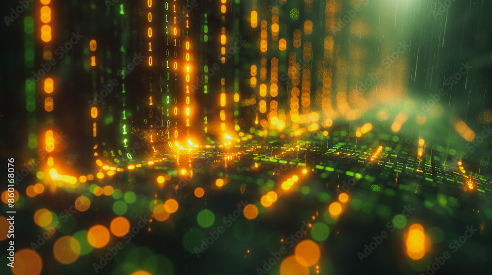 Poster a computer screen with a green background and a series of glowing numbers. the numbers are arranged 