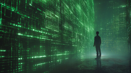 Fototapeta premium A man stands in front of a wall of green computer code. The man is looking at the wall, possibly trying to decipher the code or just admiring the design. Scene is one of curiosity and fascination