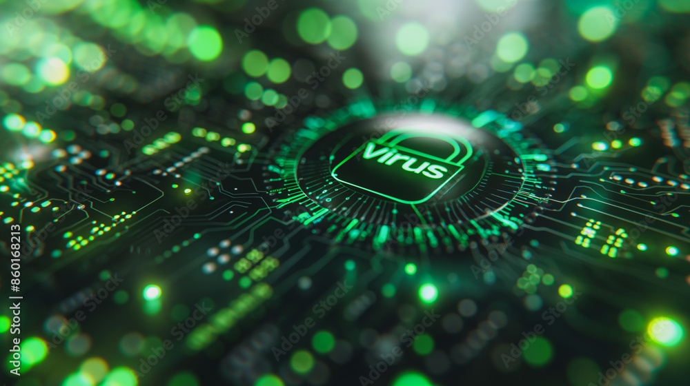 Poster a green computer chip with a virus on it. concept of danger and the importance of protecting one's c