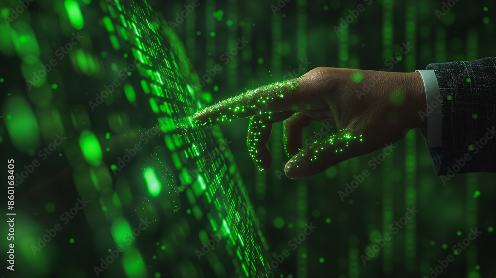 Aufkleber a man is pointing at a green screen with a finger. concept of technology and innovation, as the man'