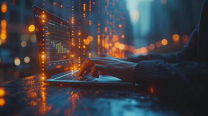 A person is typing on a laptop with a screen that has a graph on it. Scene is focused and serious, as the person is working on something important