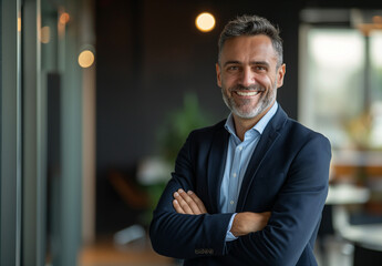 Fototapeta premium A man in a suit is smiling and posing for a picture