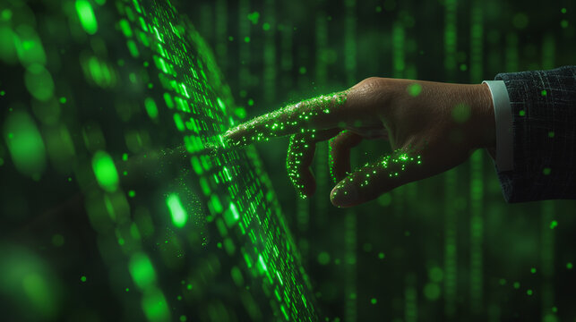 A man is pointing at a green screen with a finger. Concept of technology and innovation, as the man's finger is hovering over the screen, almost as if he is controlling it